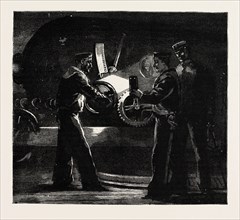 NIGHT QUARTERS ON BOARD A MAN OF WAR, LAYING A GUN, engraving 1890