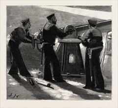 NIGHT QUARTERS ON BOARD A MAN OF WAR, WORKING THE QUICK FIRING GUN, engraving 1890