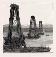 THE FORTH BRIDGE, THE CANTILEVER TOWERS IN COURSE OF CONSTRUCTION, engraving 1890, UK, U.K.,