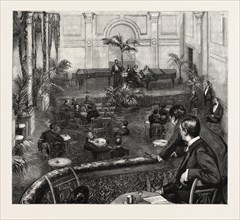 AN EVENING AT THE MEISTERSINGERS CLUB, ST. JAMES'S STREET, LONDON, engraving 1890, UK, U.K.,