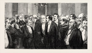 KENT COUNTY BANQUET TO LORD HARRIS, ASSEMBLING OF THE GUESTS BEFORE DINNER, engraving 1890, UK, U.K