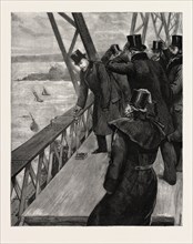 OPENING OF THE FORTH BRIDGE, THE PRINCE CLINCHING THE LAST RIVET, engraving 1890, UK, U.K.,