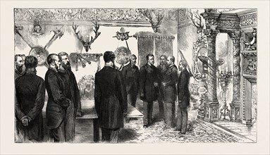 OPENING OF THE FORTH BRIDGE, THE PRINCE AND THE DIRECTORS IN THE RECEPTION ROOM, engraving 1890,