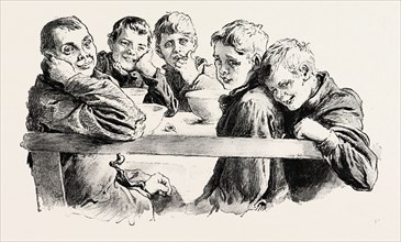 FREE DINNERS TO POOR CHILDREN AT THE KING EDWARD'S MISSION, WHITECHAPEL, LONDON, engraving 1890