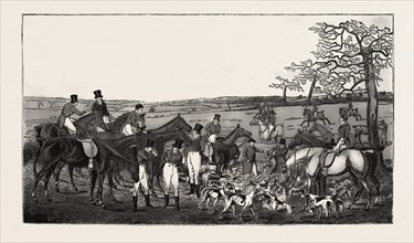 HUNTING IN LEICESTERSHIRE, 1827, HUNT, HORSE, HORSES, engraving 1890