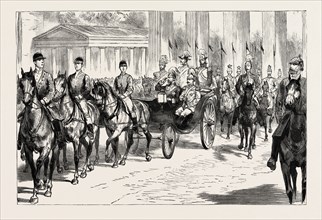 THE PRINCE, ACCOMPANIED BY THE EMPEROR, DRIVING TO THE PALACE FROM THE RAILWAY STATION AT BERLIN