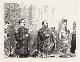 THE STATE BANQUET IN THE PALACE, DRINKING THE QUEEN'S HEALTH, BERLIN, GERMANY, engraving 1890