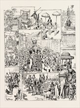 SCENES IN THE PROCESSION AT THE MOHURRUM FESTIVAL, HYDERABAD, INDIA, engraving 1890