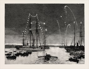 THE DUKE AND DUCHESS OF CONNAUGHT LEAVING COLOMBO AT NIGHT, engraving 1890