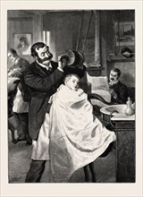 HIS FIRST VISIT TO THE BARBER'S, HARD OR MEDIUM, SIR?, engraving 1890
