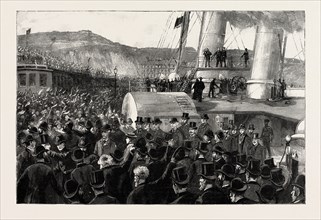 ONCE MORE ON ENGLISH SOIL, ARRIVAL OF STANLEY AT THE ADMIRALTY PIER, DOVER, engraving 1890, UK, U.K