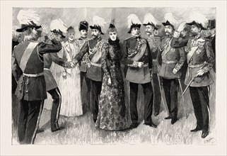 OPENING OF THE ROYAL MILITARY EXHIBITION IN THE CHELSEA HOSPITAL GROUNDS, LONDON, engraving 1890,