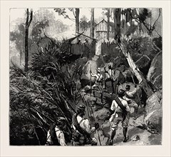 THE CHIN LUSHAI EXPEDITIONARY FORCE, THE ENTRANCE TO A LUSHAI VILLAGE, engraving 1890