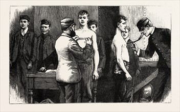 STOKERS FOR THE BRITISH NAVY, CANDIDATES PASSING THE DOCTOR, engraving 1890, UK, U.K., Britain,