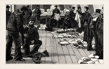 STOKERS FOR THE BRITISH NAVY, KITTING THE NEW HANDS UP, engraving 1890, UK, U.K., Britain, British,