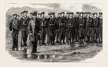 STOKERS FOR THE BRITISH NAVY, TRAINING-CLASS-LEARNING THE USE OF THE RIFLE, engraving 1890, UK, U.K