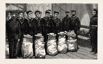 STOKERS FOR THE BRITISH NAVY, STOKERS WAITING TO BE DRAFTED TO A SEA GOING SHIP, engraving 1890,