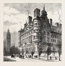 THE NEW POLICE OFFICES ON THE VICTORIA EMBANKMENT, LONDON, engraving 1890, UK, U.K., Britain,