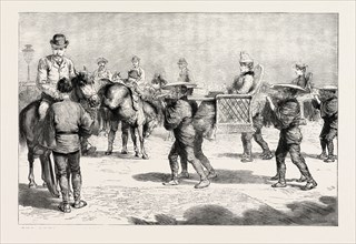 THE DUKE AND DUCHESS OF CONNAUGHT IN JAPAN, STARTING FOR THE CHIUZENJII LAKE, engraving 1890