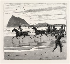 THE NAVY CUP AT GIBRALTAR, RETURNING HOME ACROSS THE SANDS IN THE ORTHODOX MANNER, engraving 1890,