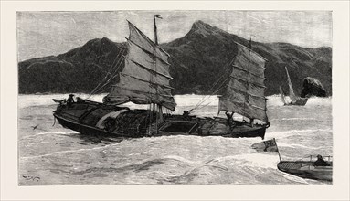 FROM HONG KONG TO MACAO IN A TORPEDO BOAT, WE LEAVE THE JUNKERS BEHIND, engraving 1890, engraved