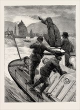 FROM HONG KONG TO MACAO IN A TORPEDO BOAT, THE START BIDDING ADIEU, engraving 1890, engraved image,