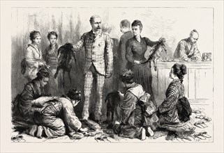 WITH THE DUKE AND DUCHESS OF CONNAUGHT IN JAPAN, THE DUKE BUYING FURS AT NIKKO, engraving 1890,
