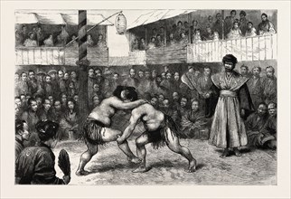 SPORTS IN JAPAN, A WRESTLING MATCH, engraving 1890, engraved image, history, arkheia, illustrative
