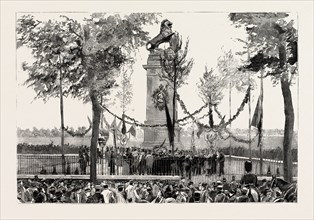 THE ANNIVERSARY OF THE BATTLE OF WATERLOO, THE STATUE AT QUATRE BRAS, BELGIUM, engraving 1890,