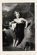 A CHILD WITH A KID, picture by sir thomas lawrence, engraving 1890, engraved image, history,
