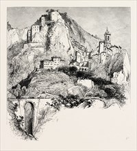 Rocca Bruna, Roccabruna, the Cornice road, 19th century engraving