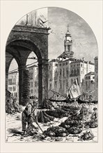 VEGETABLE MARKET ON THE GRAND CANAL, NEAR THE RIALTO, VENICE, ITALY, 19th century engraving