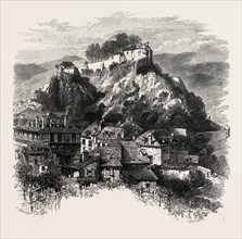 THE CASTLE OF LOURDES, THE PYRENEES, FRANCE, 19th century engraving