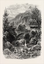 BRIDGE BELOW GAVARNIE, THE PYRENEES, FRANCE, 19th century engraving