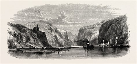 Timber Raft on the Rhine. Germany, 19th century engraving