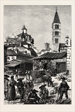 MARKET PLACE, VALLADOLID, Spain, 19th century engraving