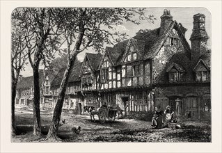 HOUSES, UNDER, THE CASTLE, WARWICK, UK, Great Britain, United Kingdom, 19th century engraving