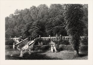 Haddon Hall, The terrace, UK, Great Britain, United Kingdom, 19th century engraving