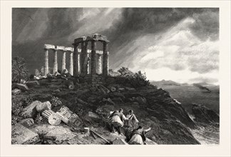 Temple of Minerva, Sunium, Greece, engraved, J. Saddler, Saddler, Simpson, William, 'Crimea',