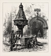 Fountain in Jativa, Spain, 19th century engraving