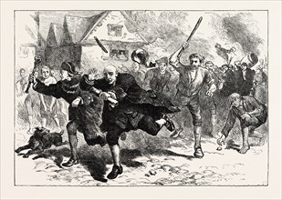 FLIGHT OF HUTCHINSON BEFORE THE RIOTERS, 1870s engraving