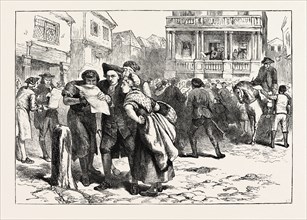 BOSTONIANS READING THE STAMP ACT, UNITED STATES OF AMERICA, , US, USA, 1870s engraving