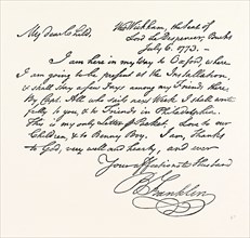 FACSIMILE OF A LETTER FROM BENJAMIN FRANKLIN, US, USA, 1870s engraving