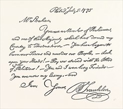 FACSIMILE OF A LETTER FROM BENJAMIN FRANKLIN TO MR. STRAHAN, US, USA, 1870s engraving