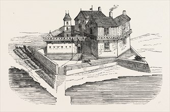 FIRST HOUSE ERECTED IN QUEBEC, CANADA, 1870s engraving