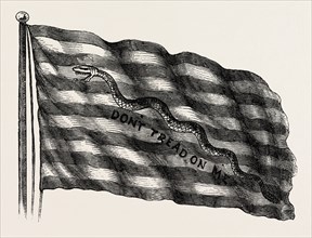 RATTLESNAKE FLAG, STEPS TOWARDS INDEPENDENCE, UNITED STATES OF AMERICA, US, USA, 1870s engraving