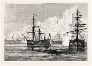 THE ATTACK ON SULLIVAN'S ISLAND, UNITED STATES OF AMERICA, US, USA, 1870s engraving