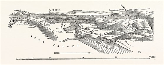 PLAN OF THE BRITISH OPERATIONS IN NEW YORK, UNITED STATES OF AMERICA, US, USA, 1870s engraving