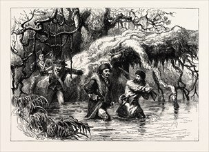 CLARKE AND HIS SOLDIERS CROSSING THE WABASH, UNITED STATES OF AMERICA, US, USA, 1870s engraving