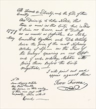 FACSIMILE OF A DECLARATION ABOUT THE SCARCITY OF FOOD; AMERICAN REVOLUTIONARY WAR, US, USA, 1870s